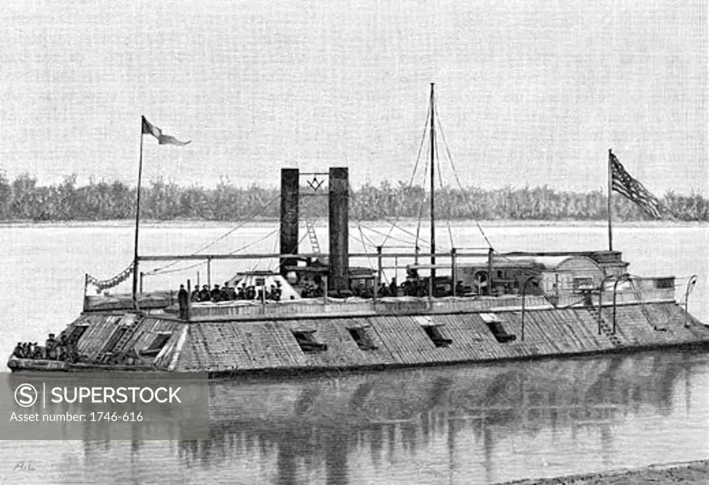 St Louis', Eads' earliest ironclad gunboat employed by Unionist (northern) side in American Civil War 1861-1865. Sunk by torpedo in 1863. Engraving