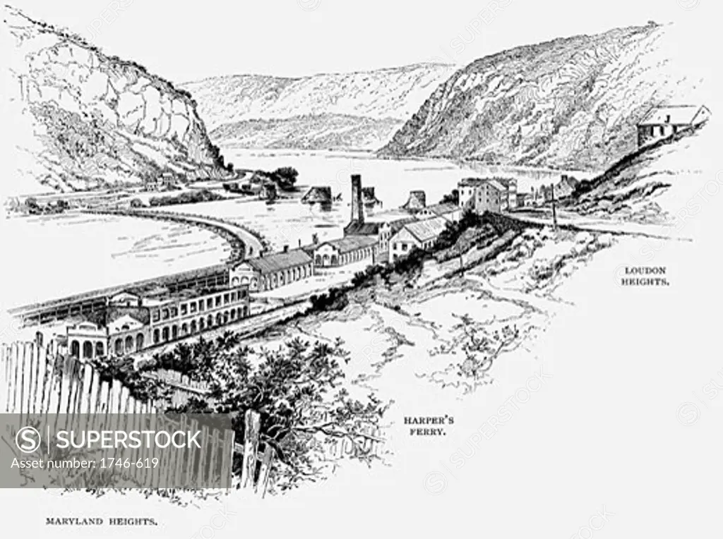 Harper's Ferry where slave rebellion led by John Brown ended in engine house to left of track leading down to ferry on 18 October 1856 . Engraving c1870