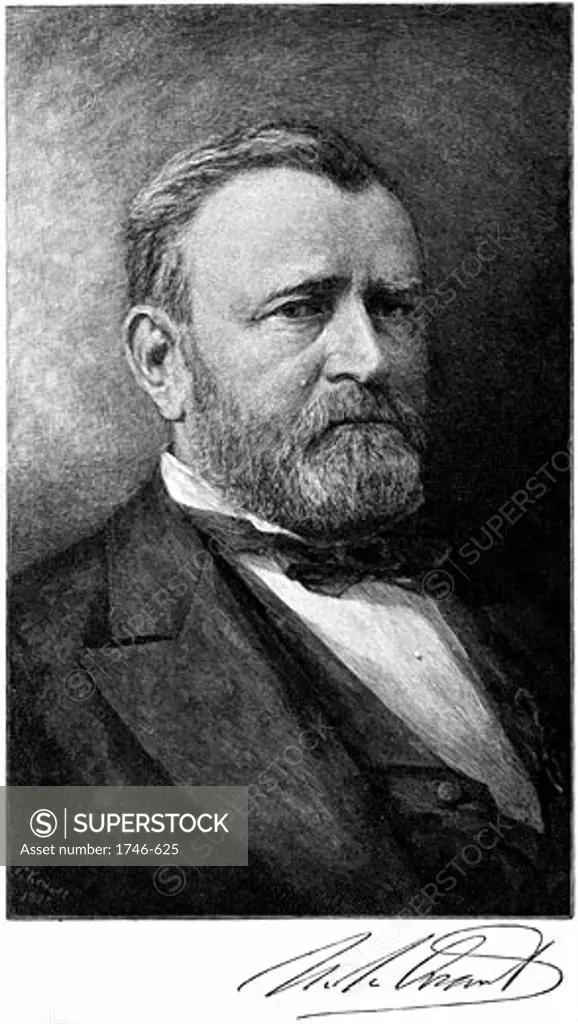 Ulysses Simpson Grant (1822-1885) American soldier; 18th president of USA, in Civil War commander of Unionist (northern) forces from 1864. American Civil War 1861-1865. Signature. Engraving