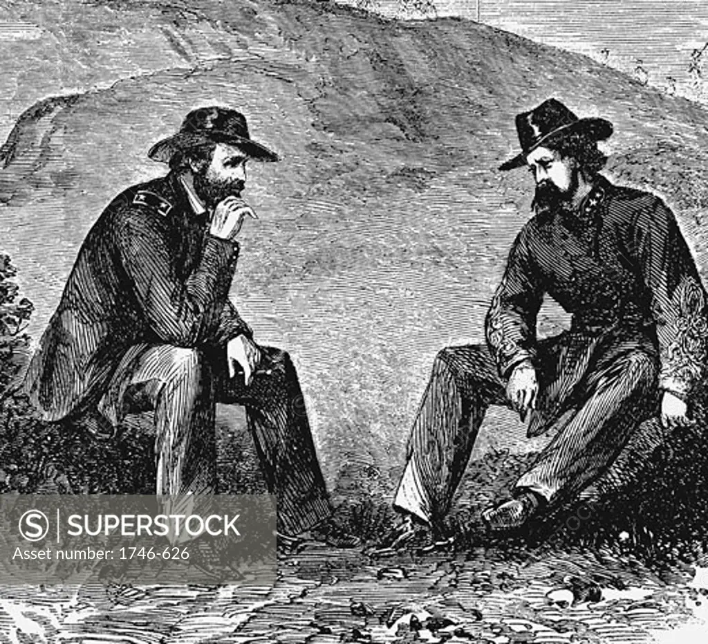 Union General Ulysses S. Grant (left) negotiating terms with Confederate General John Clifford Pemberton for surrender of Vicksburg American Civil War 1861-1865 Engraving