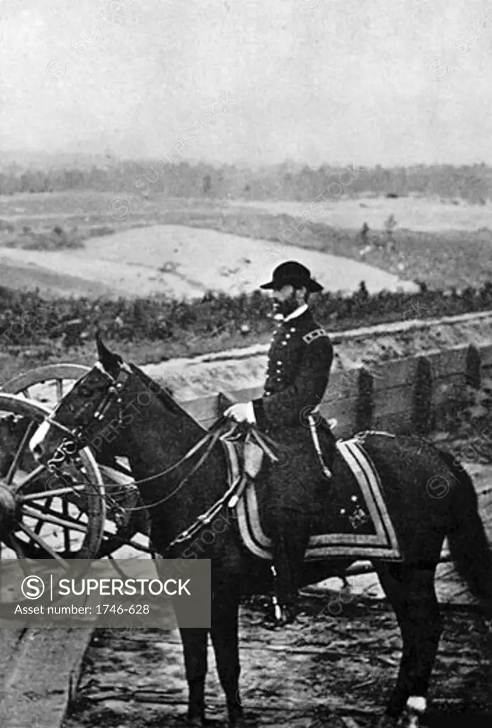 William Tecumseh Sherman (1820-1891), Union Army General during the American Civil War (1861-1865), Sherman is shown on horseback behind Unionist lines before Atlanta, 1864, After photograph by Matthew Brady