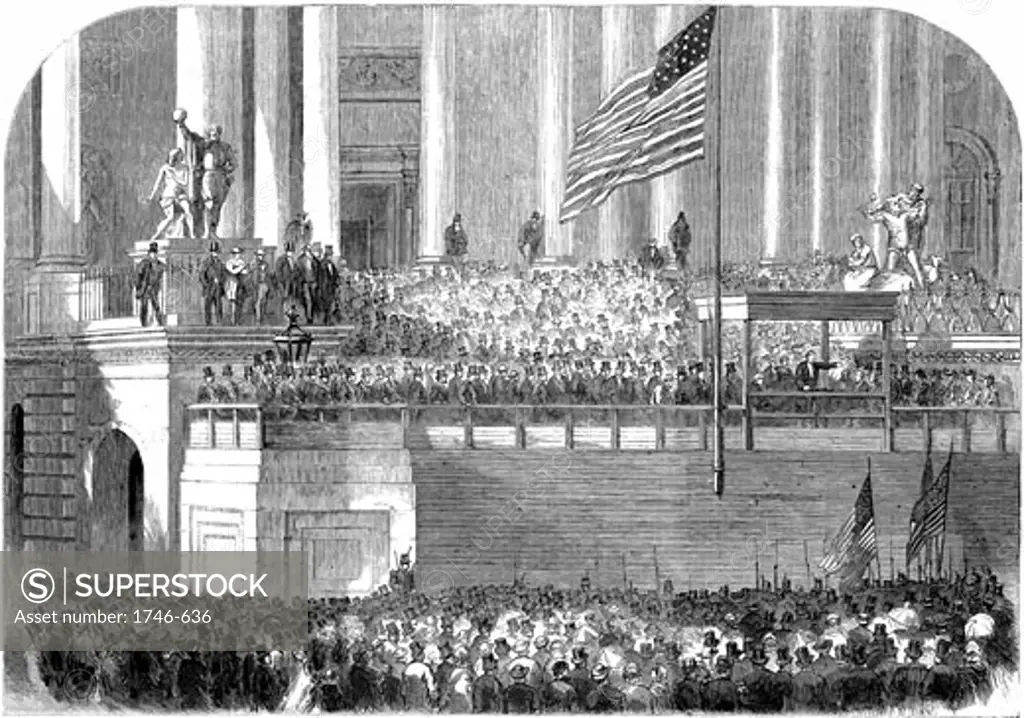 Abraham Lincoln (1809-1865) delivering his inaugural address as President in front of the Capitol, Washington on 4 March 1861. Wood engraving