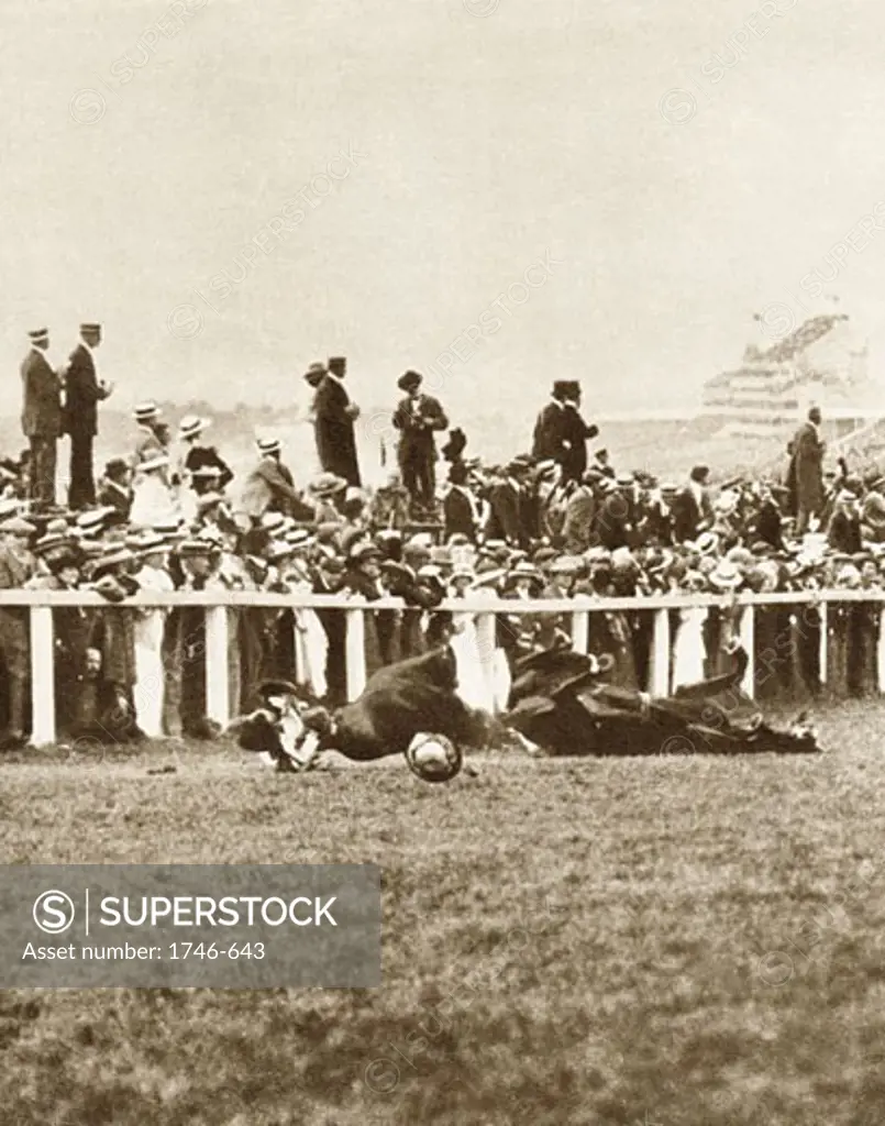 Emily Davison (1872-1913), English suffragette throwing herself in front of George V's horse Anmer at the Epsom Derby, Surrey, England, June 4, 1913