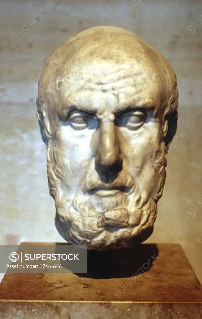 Hippocrates of Cos (c460-377 or 359 BC) Ancient Greek physician called "the father of medicine".  Portrait bust. Louvre, Paris