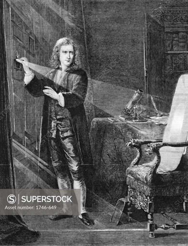 Isaac Newton (1642-1727) English scientist and mathematician. 'Newton Investigating Light'. Engraving after picture by J A Houston published c1879