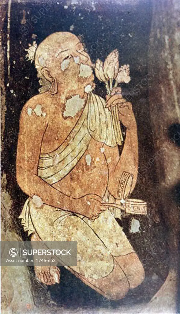 Painting of a Buddhist monk from the Ajanta cave temples, India. 5th-6th century AD
