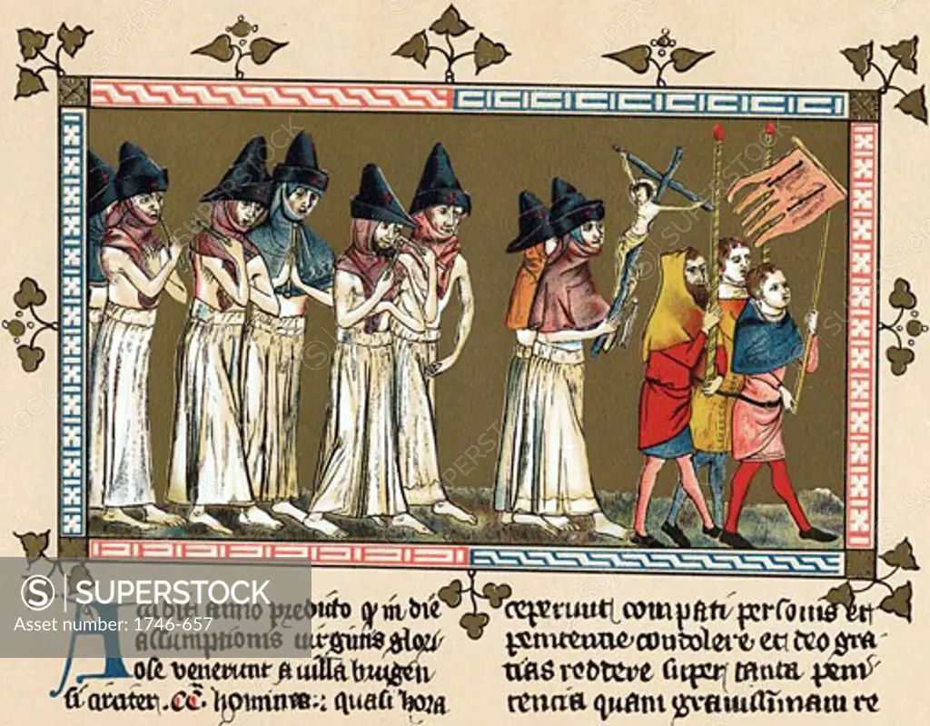 Flagellants or Brothers of the Cross in Netherlands town of Doornik 1349 scourging themselves as they walk through streets in order to free world from Black Death (Bubonic Plague). Chromolithograph after  "Chronica Aegidii Li Muisius"