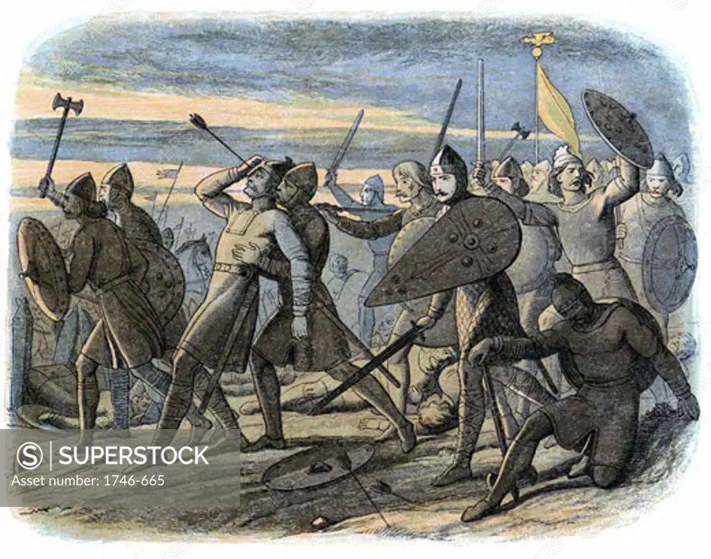 Harold II (c1022-1066) Nominated as his successor as King of Angles and Saxons by Edward the Confessor, Harold killed by Norman arrow at Battle of Hastings 1066, Colour-printed wood engraving 1864, Artist James Doyle