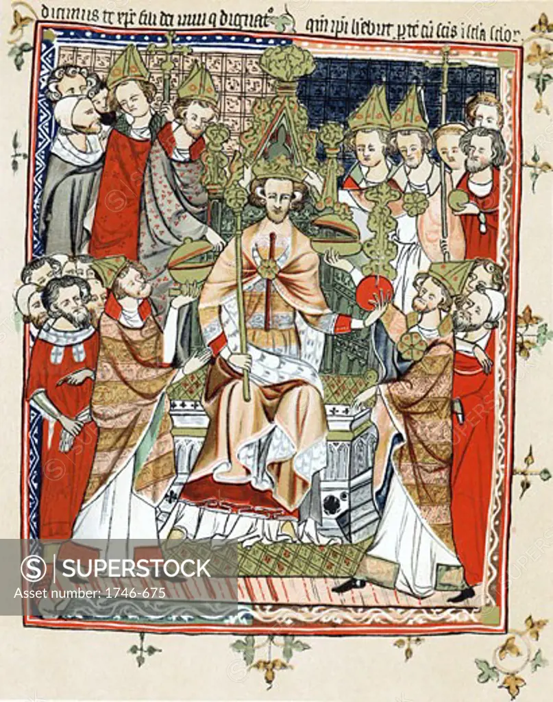 Coronation and unction of a king, from French life of Edward the Confessor (d1066) of c1245, Probably portrait of Henry III of England crowned 1216 at Gloucester & 1220 at Westminster, Chromolithograph after medieval manuscript