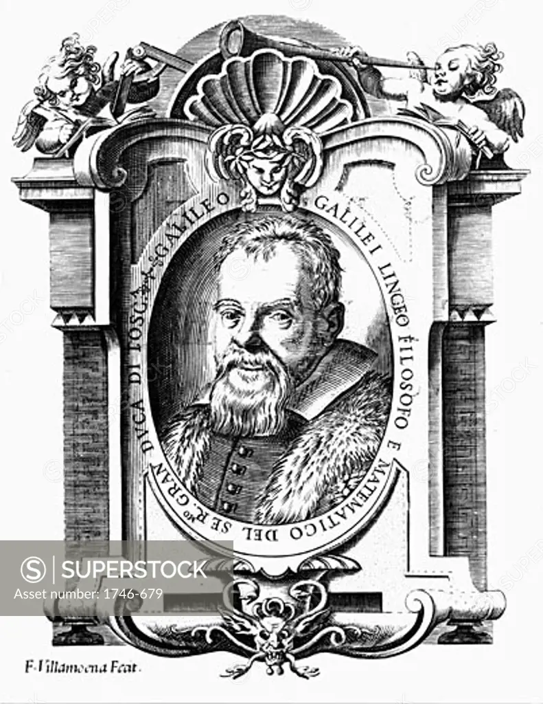 Galileo Galilei (1564-1642) Italian astronomer and mathematician. Portrait from frontispiece of his Istoria (1613) and Il Saggiatore (1623). Cherub, left, holds Galileo's military compass, while one on right holds a telescope. Copperplate engraving