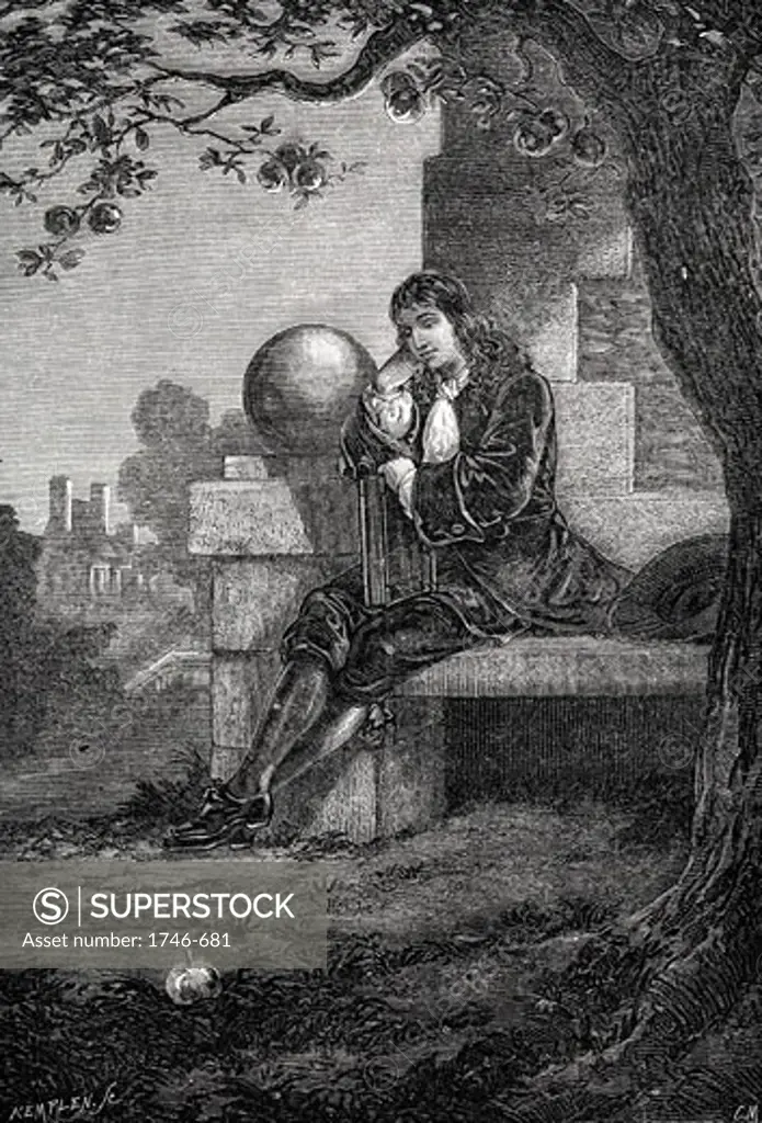 Isaac Newton (1642-1727) English scientist & mathematician. Artist's impression of Newton in the orchard at Woolsthorpe when an apple fell and set him thinking about gravity. Wood engraving c1880