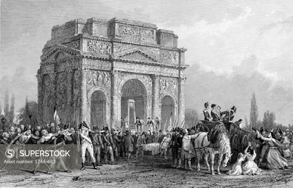 French Revolution. Guillotine set up under the Arch of Marius at Orange, on the Rhone, during the Reign of Terror. Engraving