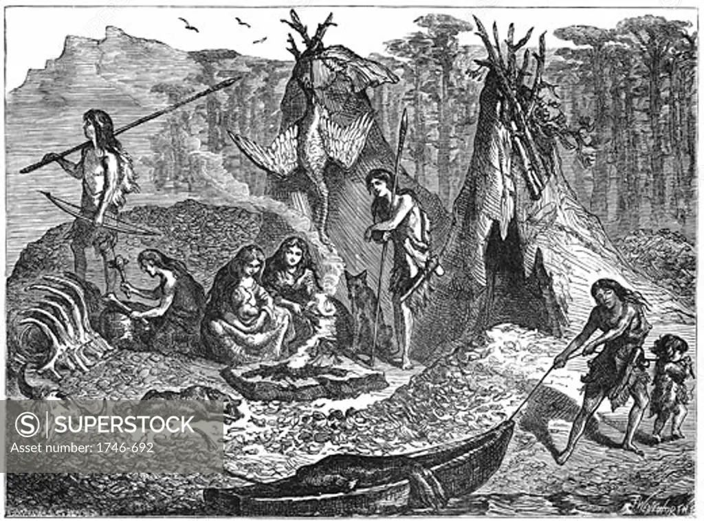 Shell Mound People or Kitchen-Middeners. Late Mesolithic-early Neolithic 4,000-2,000 BC. North & South Europe, Iberia, North Africa, North & South America similar patterns found. Artist's impression c188. Engraving