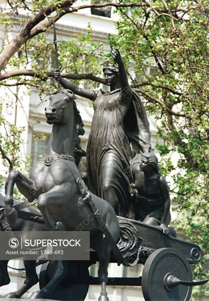 Boadicea-1st century British queen of Iceni who led uprising against Romans. Statue of Boudicca and her daughters in chariot. Thames Embankment, London.