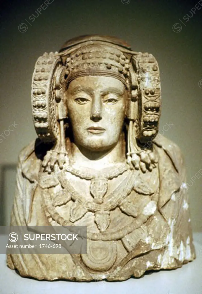 The Lady of Elche. Painted limestone bust of 5th century BC from La Alcuidia de Elche. Carthaginian influence