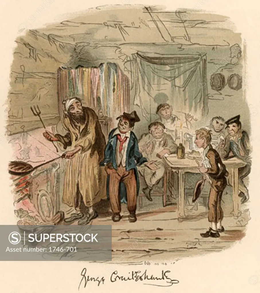 Artful Dodger introducing Oliver to Fagin, From the novel Oliver Twist by Charles Dickens, George Cruikshank, (1792-1878/British), Chromolithograph