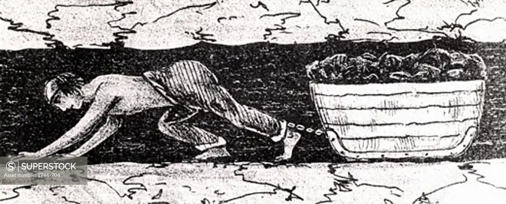 Boy 'putter' dragging a sledge of coal along a narrow seam - South Wales From  A Treatise on the Winning and Working of Collieries by Matthias Dunn, Newcastle-upon-Tyne, 1848
