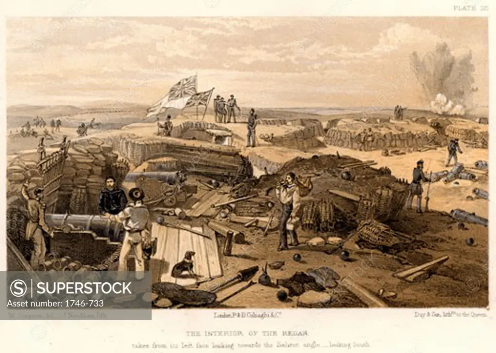 Siege of Sevastopol, British troops inside the captured Redan, Crimean War 1853-1856, After William Simpson, Tinted Lithograph