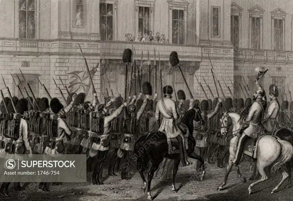 Queen Victoria and family receiving the Guards at Buckingham Palace on their return from the Crimean War Engraving
