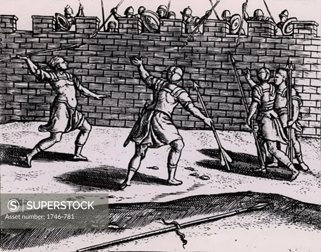 Roman spearmen attacking the walls of a besieged fortress, From Poliorceticon sive de machinis tormentis telis by Justus Lipsius (Antwerp, 1605), Engraving