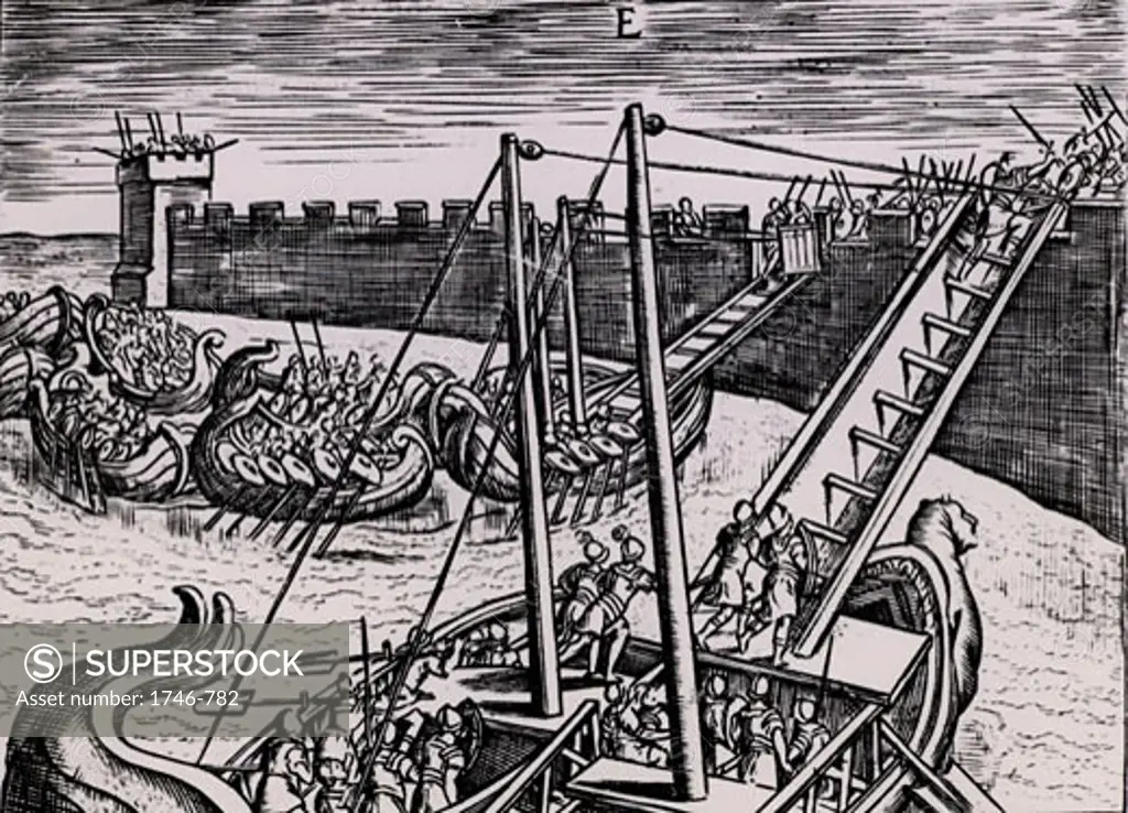 Roman soldiers scaling the walls of a fortress using ladders mounted on boats, From Poliorceticon sive de machinis tormentis telis by Justus Lipsius (Antwerp, 1605), Engraving