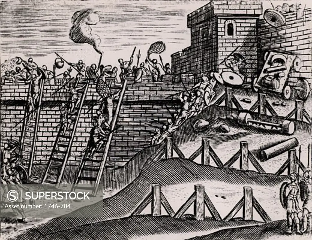 Roman soldiers attacking the walls of a fortress with scaling ladders, slings and spears, while the defenders use nets, hot liquid, spears and various missiles, From Poliorceticon sive de machinis tormentis telis by Justus Lipsius (Antwerp, 1605), Engraving