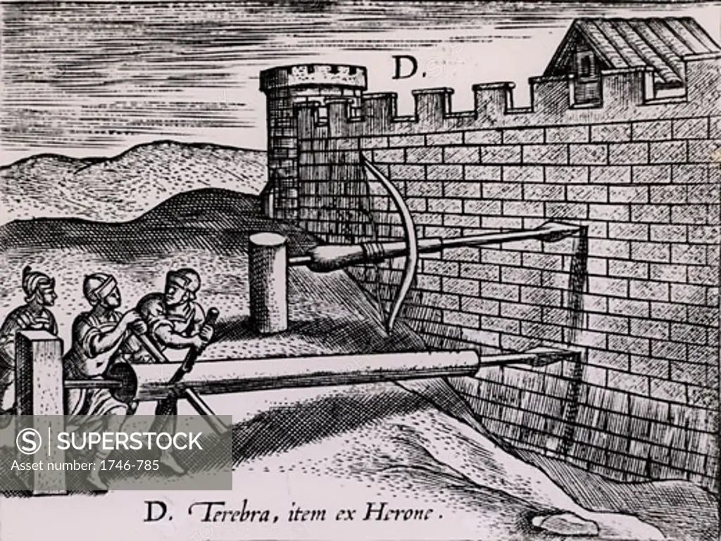 Two forms of auger used by the Romans in siege warfare to drill into the wall of a fortress, From Poliorceticon sive de machinis tormentis telis by Justus Lipsius (Antwerp, 1605), Engraving