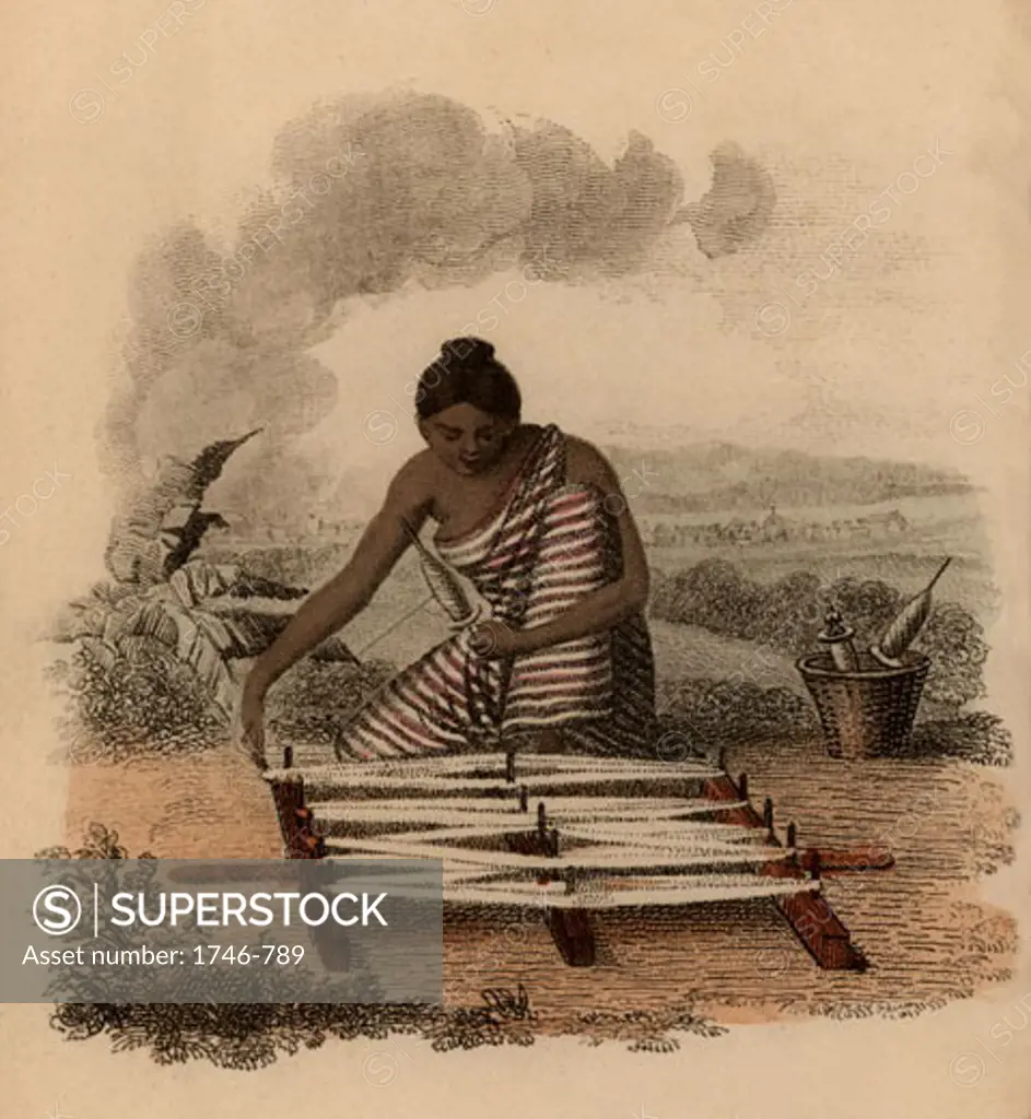 Indian woman winding cotton yarn, Hand-coloured engraving published Rudolph Ackermann, London, 1822