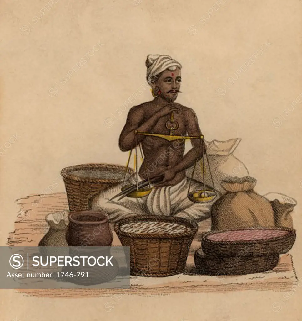 Balance being used by Indian Betel dealer to weigh his goods, Hand-coloured engraving published Rudolph Ackermann, London, 1822