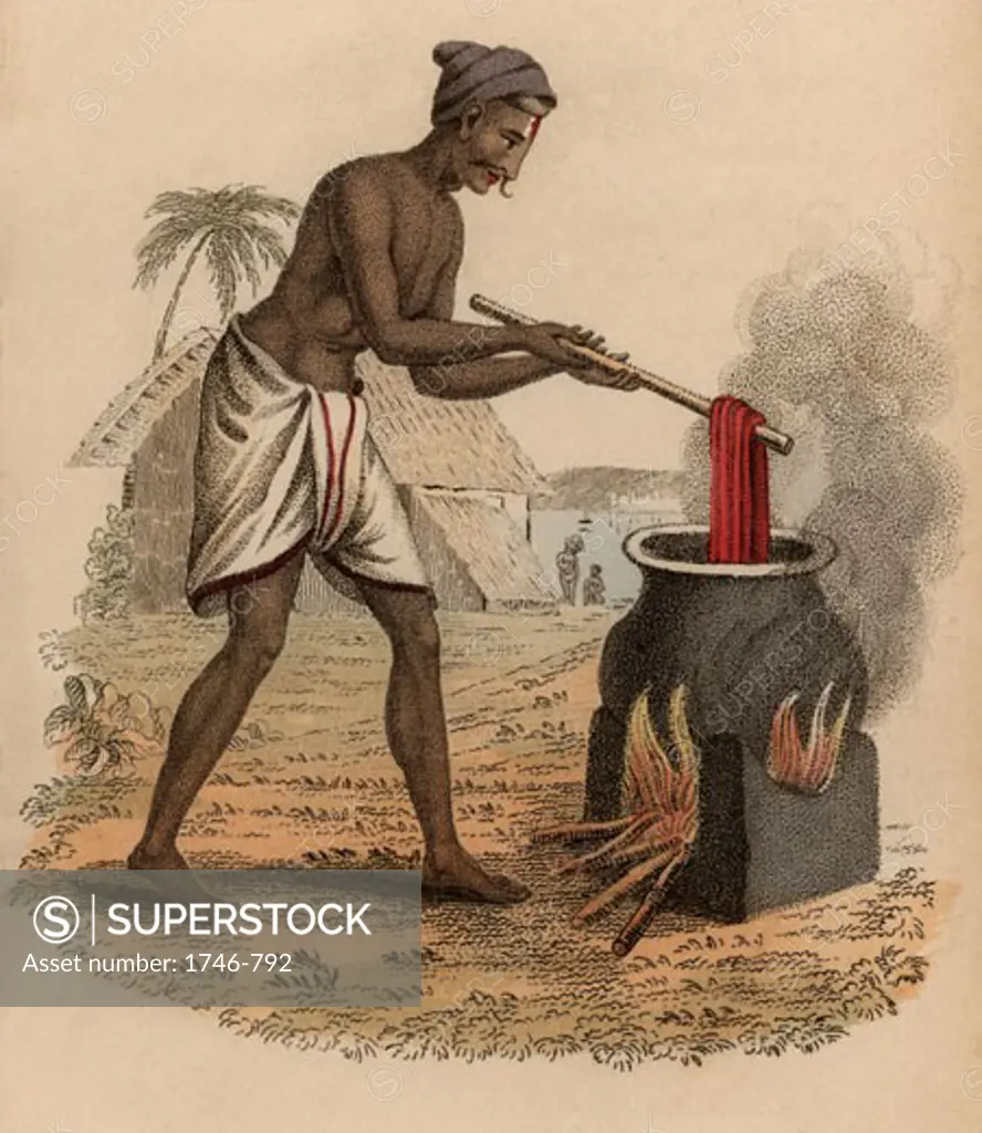 Dyeing skeins of silk, India, Hand-coloured engraving published Rudolph Ackermann, London, 1822