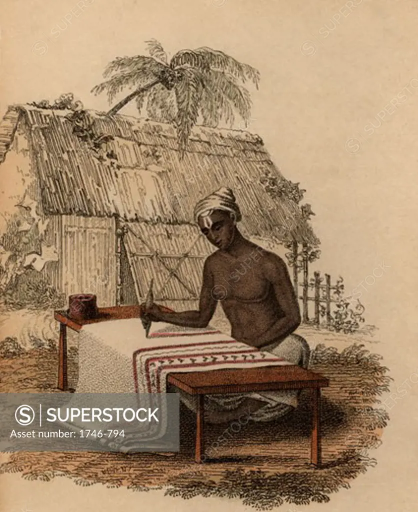 Hand-painting cotton cloth in India, Hand-coloured engraving published Rudolph Ackermann, London, 1822