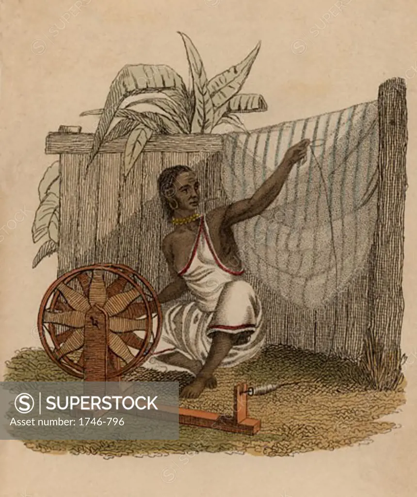 Indian woman spinning cotton using a simple spinning wheel, Hand-coloured engraving published Rudolph Ackermann, London, 1822
