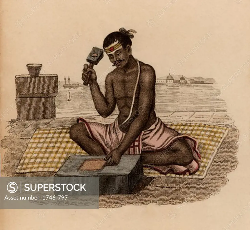 Goldbeater producing gold leaf, India, Hand-coloured engraving published Rudolph Ackermann, London, 1822