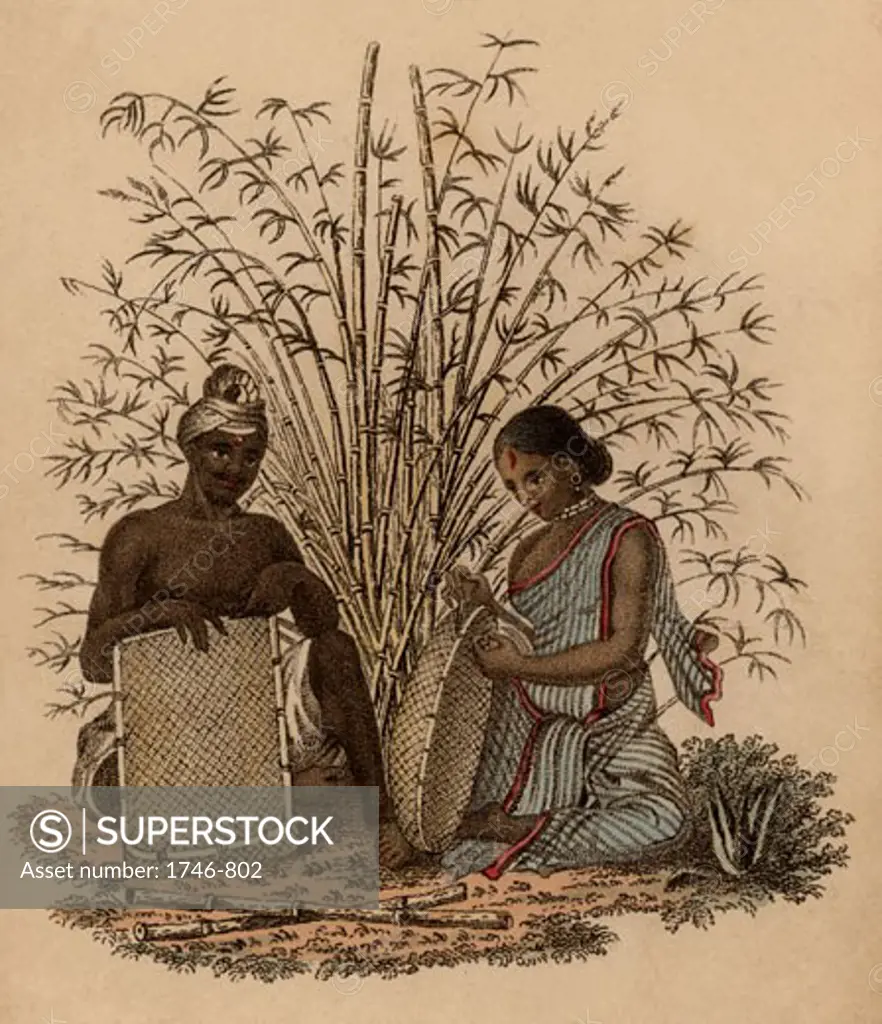 Indian basket-maker and his wife at work, Hand-coloured engraving published Rudolph Ackermann, London, 1822