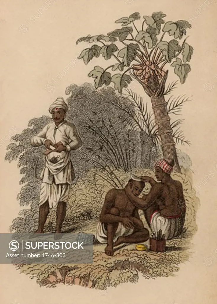 Indian barbers from different areas: Left-a Telinga barber is sharpening his razor, Right-a Malabar barber is shaving a client's head, Hand-coloured engraving published Rudolph Ackermann, London, 1822