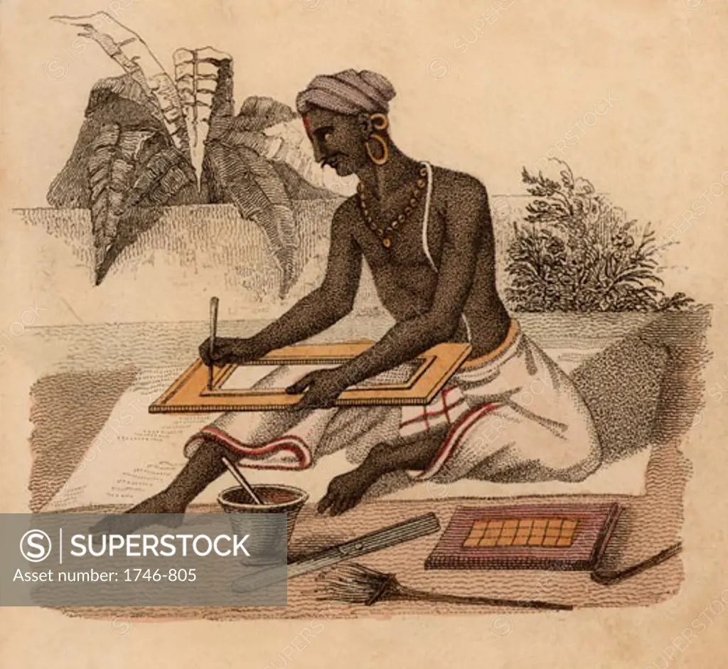 Indian gilder applying gold leaf to a frame, Hand-coloured engraving published Rudolph Ackermann, London, 1822