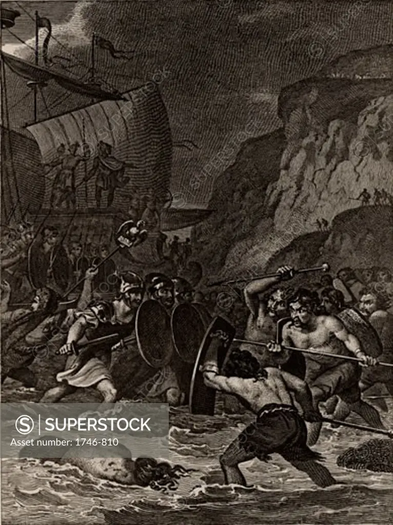 Roman troops under Julius Caesar invading Britain in 55 BC, From The Imperial History of England by Theophilus Camden (London, 1832), Engraving