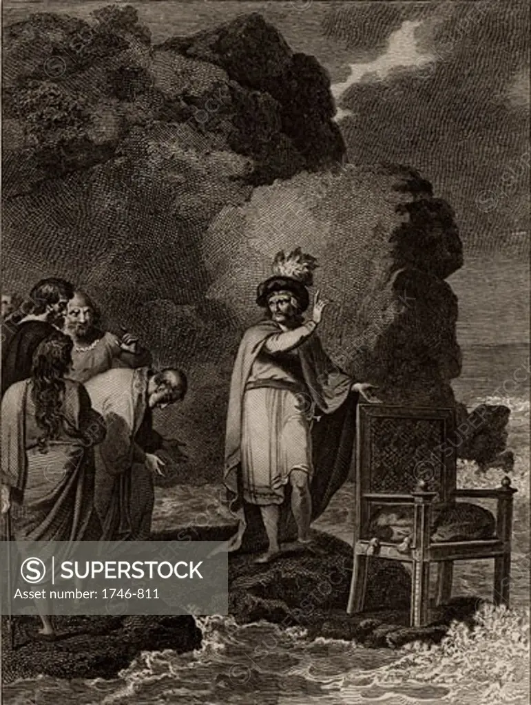 Canute I the Great (c.995-1035), Viking King of England, Denmark, Norway, Canute demonstrating to his flatters that only God can command the tides, From The Imperial History of England by Theophilus Camden (London, 1832), Engraving