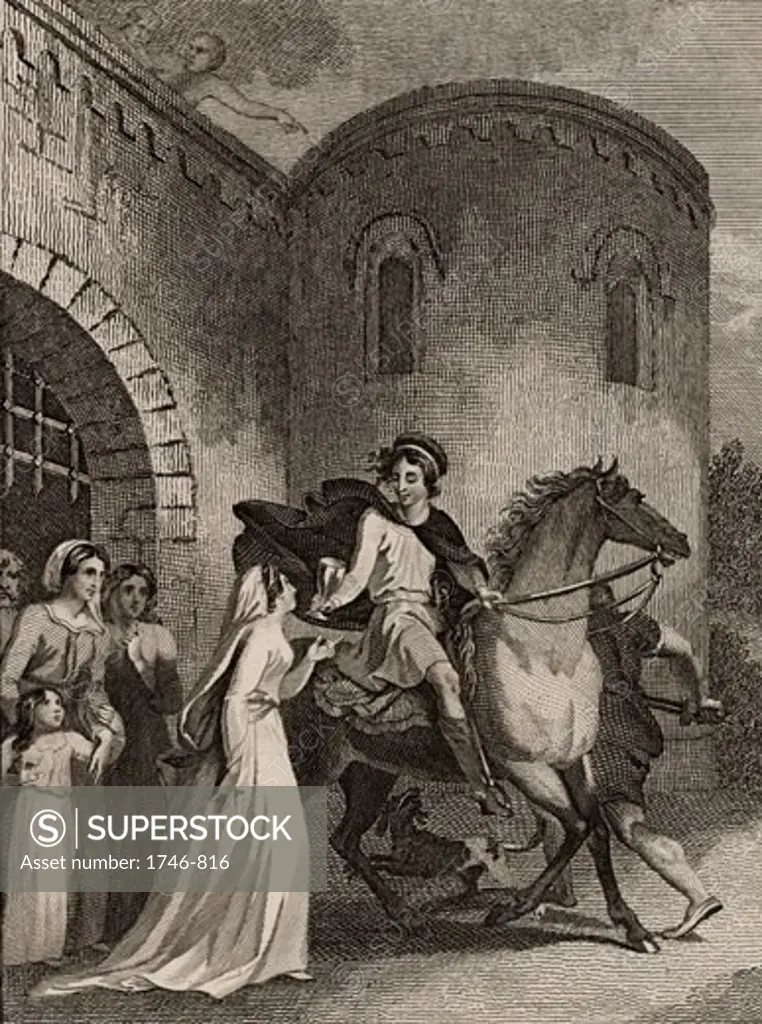 Edward the Martyr (c, 963-978) English king, His stepmother Elfrida distracts him by giving him a beverage prior to his murder, From The Imperial History of England by Theophilus Camden (London, 1832), Engraving