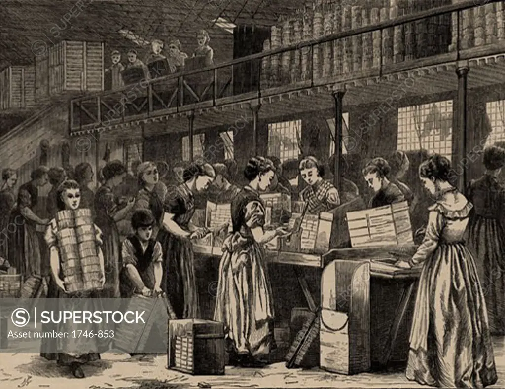 Women and girls and a young boy at work in Bryant & May's match factory, Fairfield Road, Bow, London, From The Illustrated London News (London, 1871), Engraving
