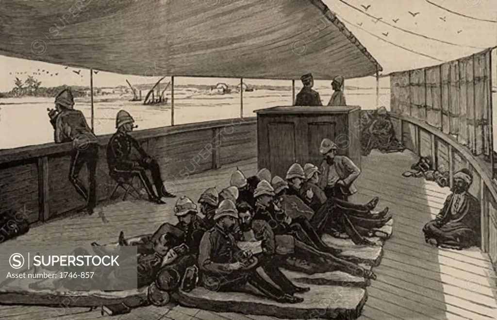 Invalid British army soldiers travelling up the Nile by steam boat for a fortnight of convalesance, From The Illustrated London News (December 2, 1882), Engraving