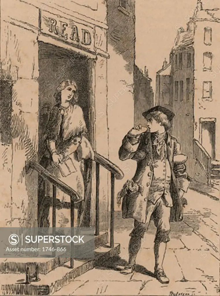 Benjamin Franklin arriving in Philadelphia in 1723 and passing the door of his future wife Deborah Read 1852 Wood engraving