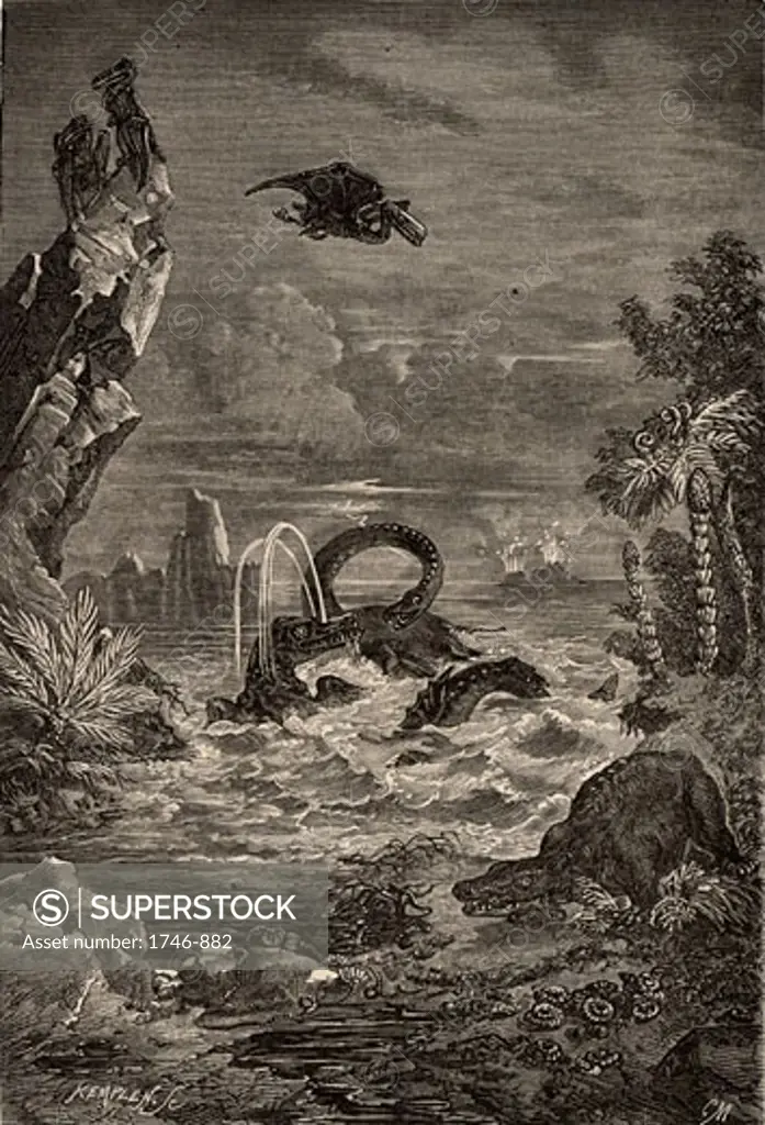 Imaginative reconstruction of the Earth during the time of the dinosaurs, From Astronomie Populaire by Camille Flammarion (Paris, 1881), Engraving