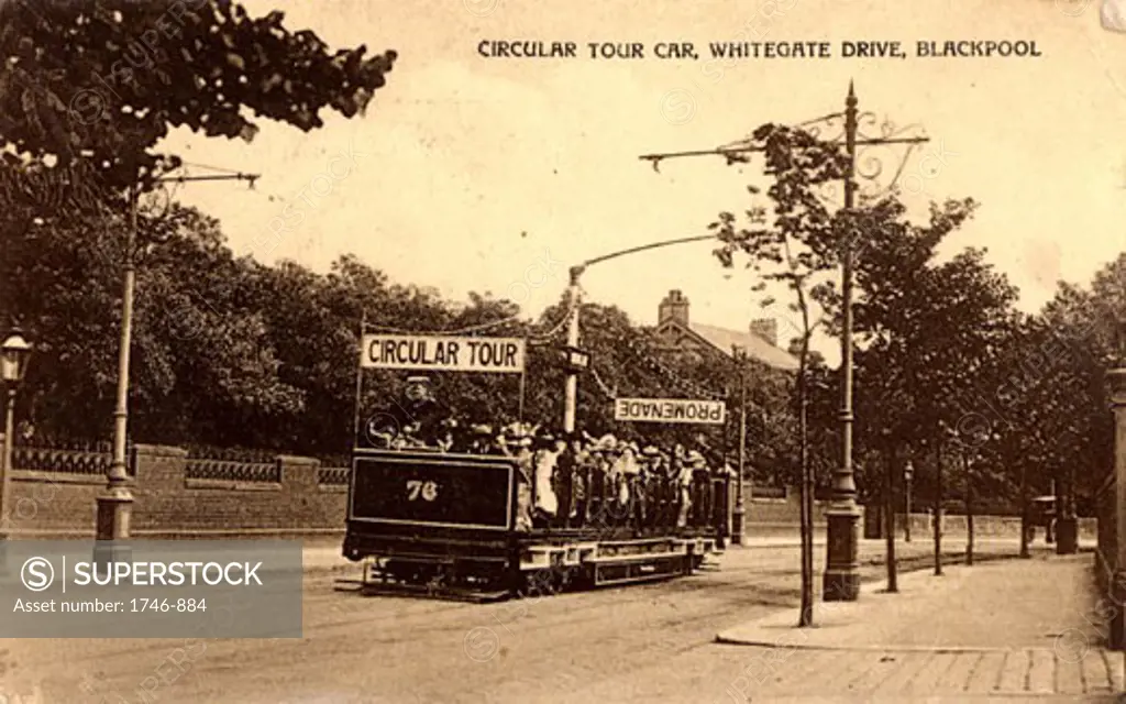 Tramcar at Blackpool, Lancashire, England, taking holidaymakers on a circular tour of the town, Photographic postcard