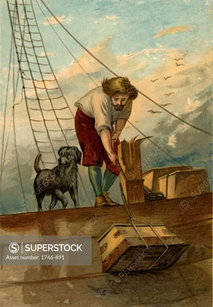 19Th Century, Adult, Animal Themes, Art, Bending, British Artist, Casual Clothing, Characters, Cloud, Color Image, Daniel Defoe, Day, Dog, Front View, Full Length, History, Holding, Illustration, Illustration And Painting, John Watson Dawson, Lowering, Mammal, One Animal, One Man Only, One Person, O
