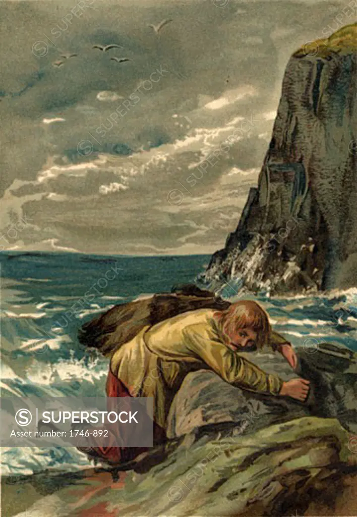 19Th Century, Adult, Art, British Artist, Casual Clothing, Characters, Cliff, Cloud, Color Image, Daniel Defoe, Day, Full Length, Hero, History, Horizon Over Water, Illustration, Illustration And Painting, John Watson Dawson, Lying, Nature, One Man Only, One Person, Outdoors, Painted Image, Painting