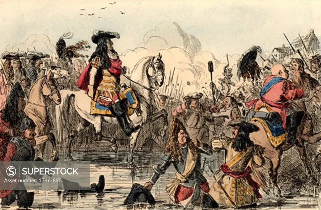 William III (1650-1702), King of Great Britain, The Protestant William at the Battle of the Boyne, Ireland where he defeated supporters of the deposed Roman Catholic James II, John Leech, (1817-1864 British) , Hand-coloured wood engraving