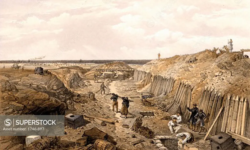French troops in the ditch of the Bastion du Mat after the fall of Sevastopol (Crimean War), From Illustration of the War in the East (London 1855-1856), After William Simpson, Tinted Lithograph