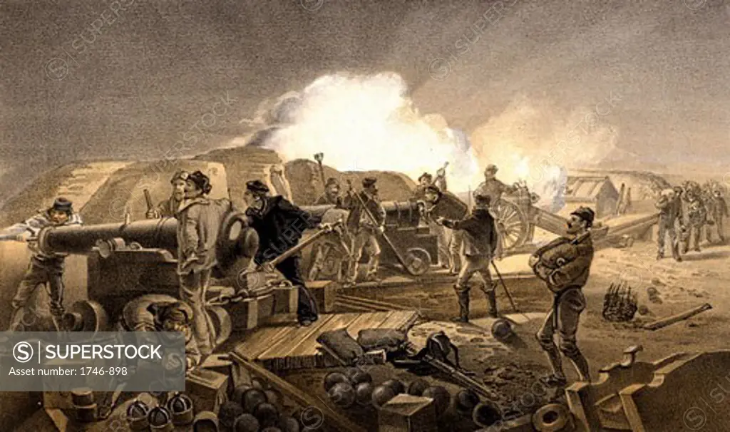 A Hot Day in the Batteries' Artillery battery laying siege to Sevastopol, From Illustration of the War in the East (London 1855-1856), After William Simpson, Tinted Lithograph