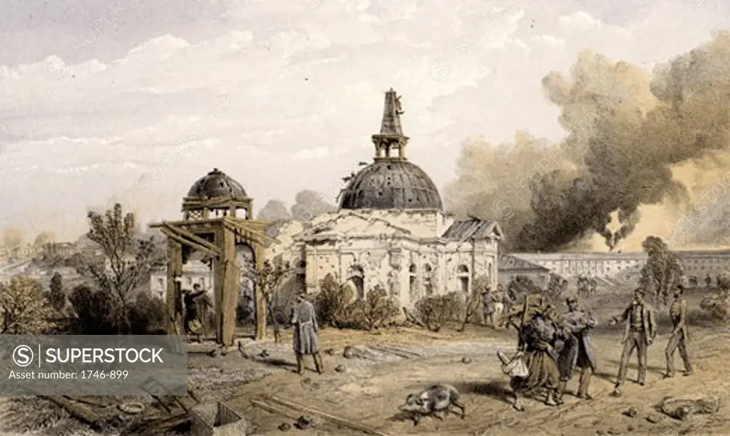 Damaged church at the back of the Redan as it appeared after the Russian surrender of Sevastopol, September 11, 1855, (Crimean War), From Illustration of the War in the East (London 1855-1856), William Simpson, (1823-1899 British), Tinted Lithograph